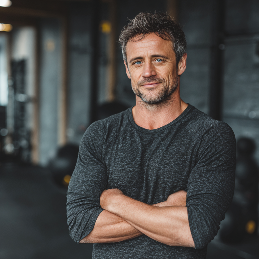 Confident middle-aged businessman in his late 40s in athletic wear, standing in modern gym environment, showing healthy lifestyle transformation results