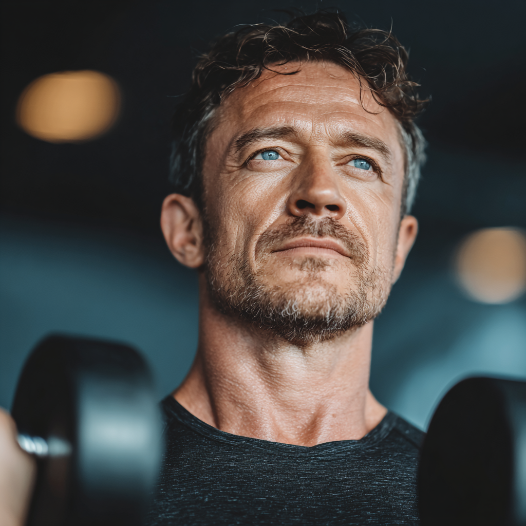 Middle-aged man in his 40s performing strength training with dumbbells in a modern gym, showing determination and focus during workout