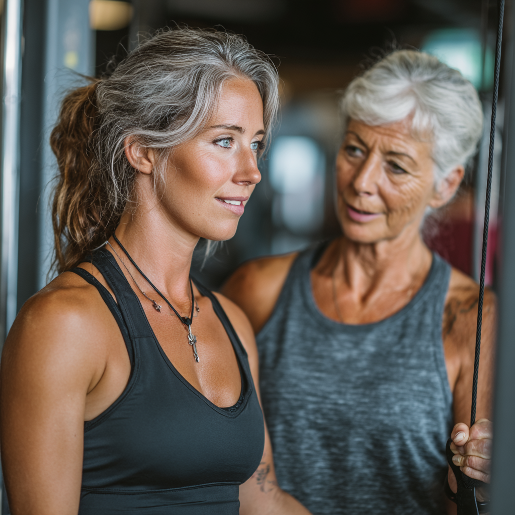 Professional female trainer in her 50s demonstrating exercise technique to mature client, both focused on proper form and safety in well-equipped gym